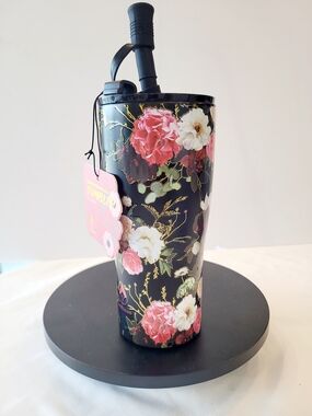 Floral Stainless Tumbler with Straw - Black/Pink Floral